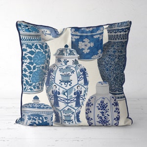 Chinoiserie pillow cover - Vase Collage 2 on Creamy White - Blue and white Hamptons style sofa pillow Oriental cushion cover couch pillow