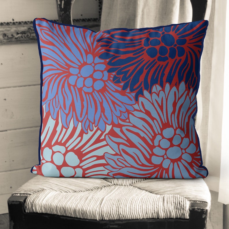 Chrysanthemum Quartet Blue and Red Pillow Covers Floral Etsy