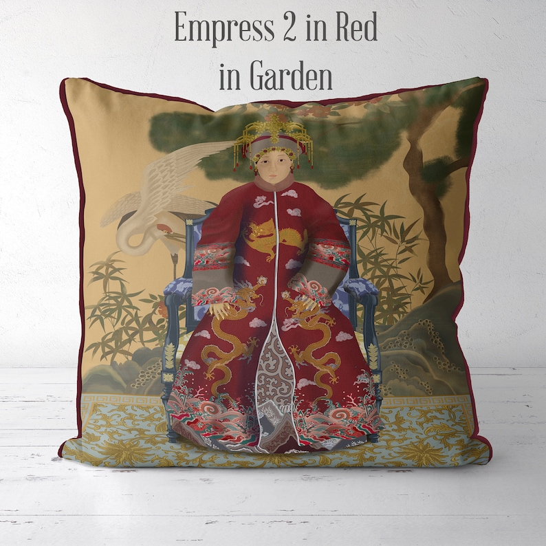 Chinoiserie pillow covers Chinese Ancestor Portrait cushion cover Empress 2 in Red Chinoiserie decor image 5