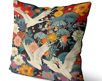 Crane Birds Floral Pillow Cover, Japanese Oriental Decor