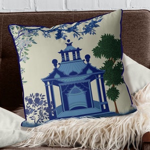 Cojín Chinoiserie Pagoda azul y blanca 2, fundas de almohadas asiáticas Las almohadas estilo Hamptons cubren almohadas orientales modernas