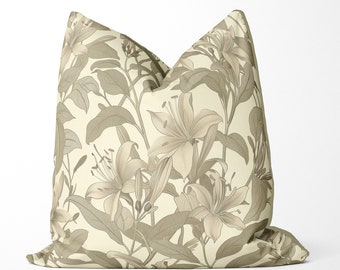 Pale Honeysuckle floral print throw pillow cover, handmade  print on both sides, high end designer piped throw pillow, pale neutral tones