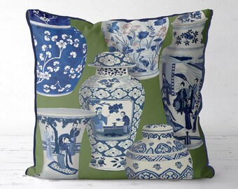 Chinoiserie Vase Collage Pillow Cover – Green, Blue & White