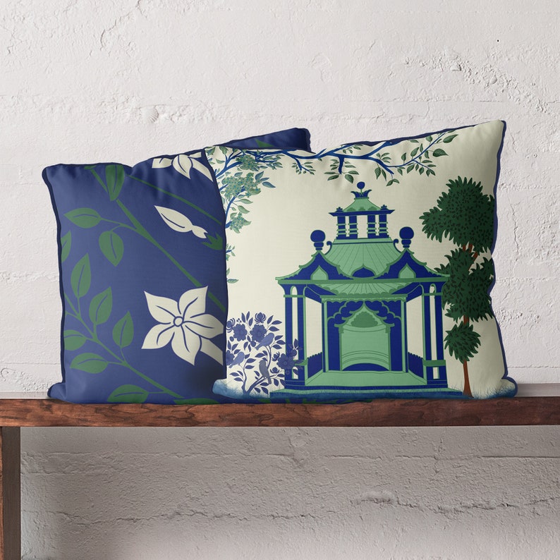 Chinoiserie pillow covers Blue Green and White Pagoda 2 Etsy