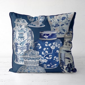 Chinoiserie pillow cover - Vase Collage 4 Blue on Blue - Blue and white Hamptons style sofa pillow Oriental cushion cover couch pillow