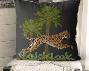 Örngott med leopardmotiv, svart tropisk accentkudde, handgjort i England