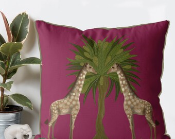 Giraffe Twins Pillow Cover, Deep Pink Tropical Accent Pillow