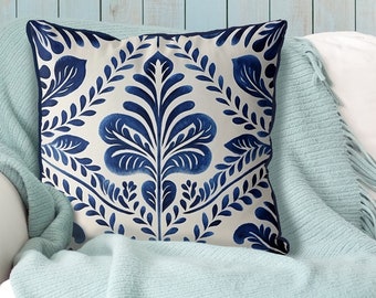 Blue Floral Linen Cushion Cover, Coastal Home Decor