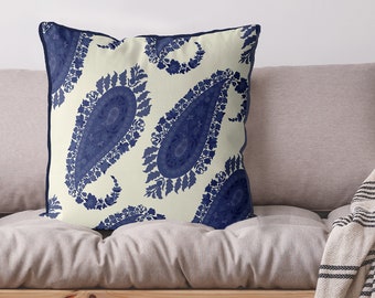 Blue Paisley Pillow Cover, Floral Linen Cushion, Handmade in England