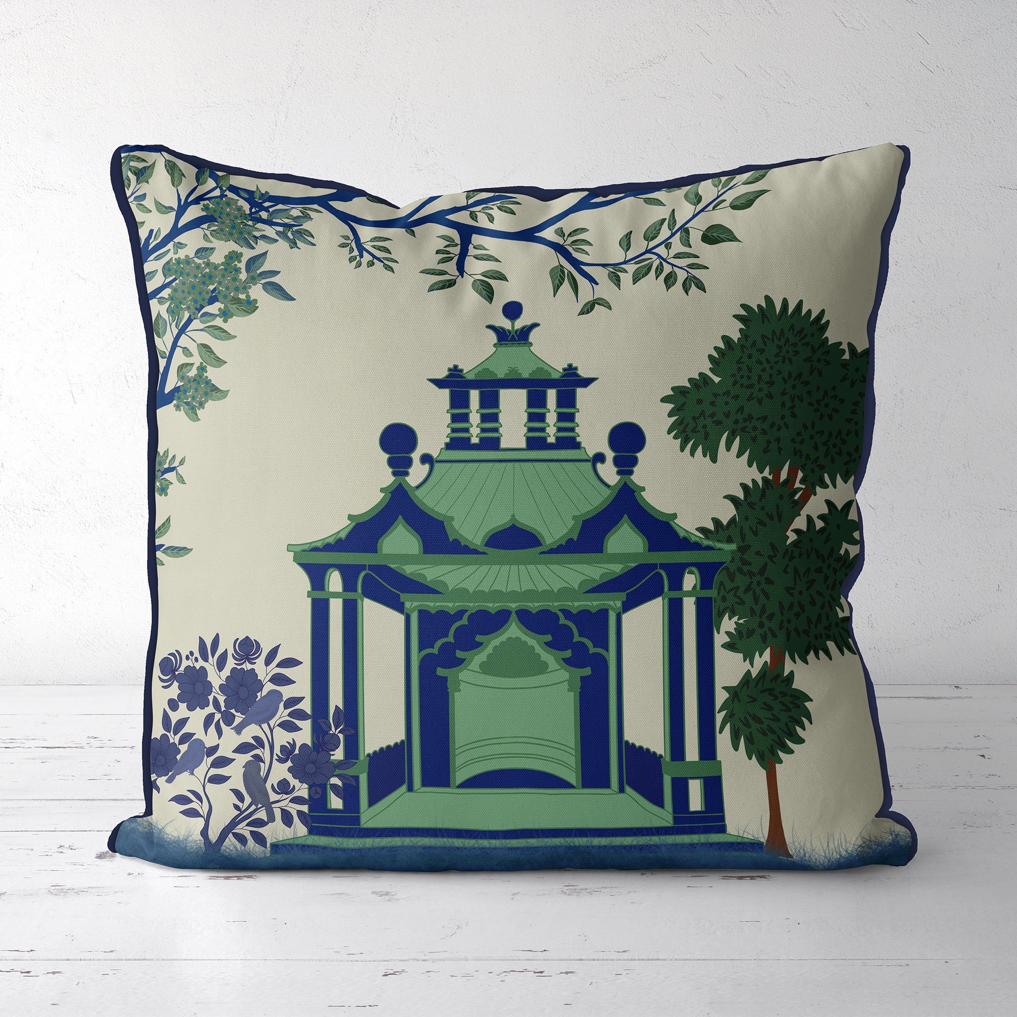 Chinoiserie pillow covers Blue Green and White Pagoda 2 Etsy