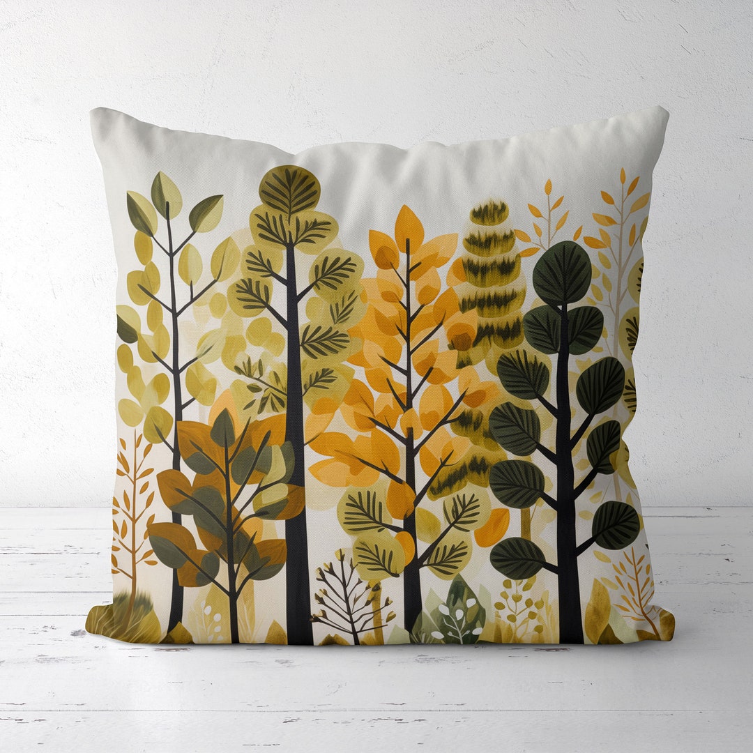 Scandic Mid Century Style Woodland Throw Pillow Cover, Nordic Forest