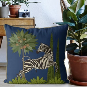Zebra throw pillow cover, blue tropical Designer pillow cover, accent pillows jungle print pillow eurosham Lumbar pillow DANCING ZEBRA