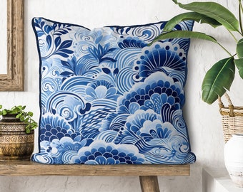 Blue Floral Linen Pillow Cover, Handmade Coastal Cushion