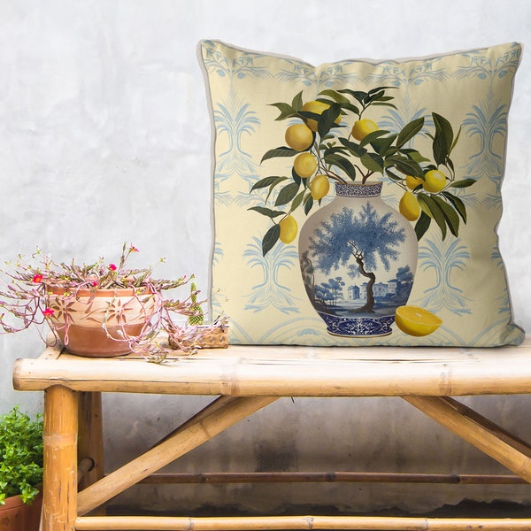 Chinoiserie pillow covers, Lemon Tree in Vase, Blue and lemon yellow cushion cover, spring pillow decor ideas, made in the UK designer
