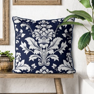Hamptons Style Cushion Covers, Navy Blue and White Damask Style Pillow Cover, Dark Blue Scatter Pillow, Coastal Decor, Blue Floral MAPUN