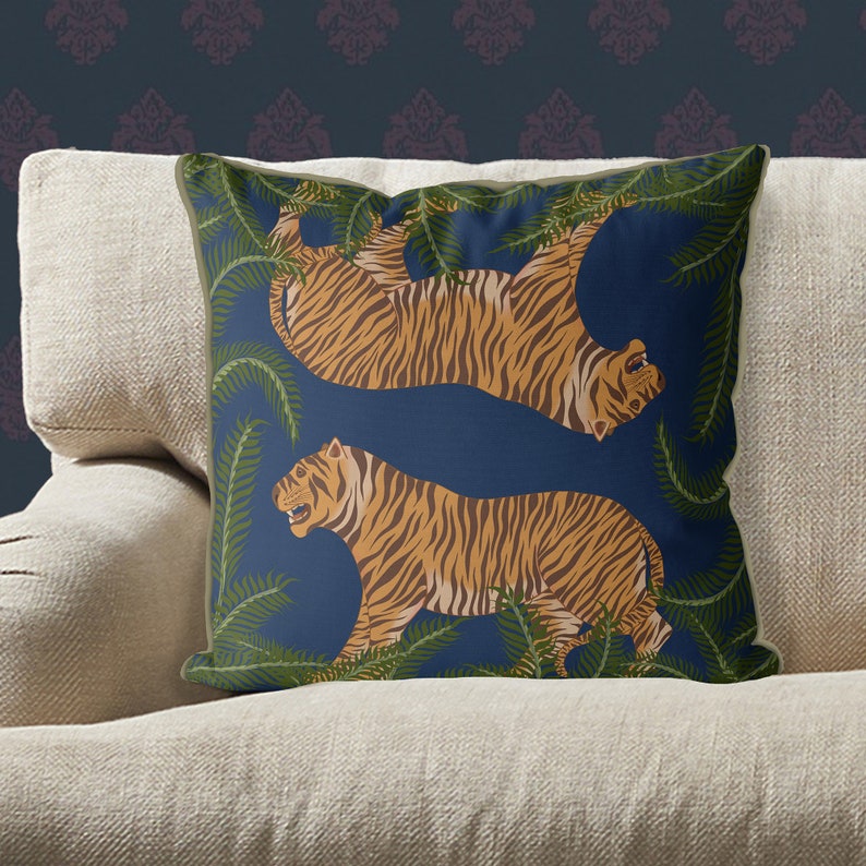 Tiger Throw Pillows Tiger Pillow Cover Blue Tropical Etsy UK