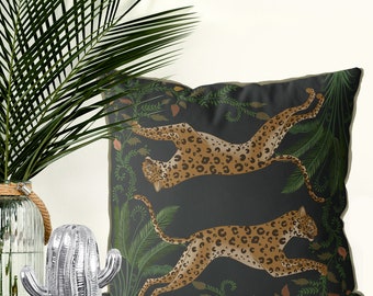 Leopardörnfodral, svart tropisk accentkudde, handgjort i England
