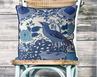 Blue and White Chinoiserie pillow cover, Blue Cockerel, decorative cushion cover, High end Modern Chinoiserie, asian decor throw pillow