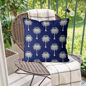 Royal Blue & white Palm Tree Pillow cover, tropical palm cushion cover, Designer pillow cover Beach house decor, coastal pillows PALM PARADE