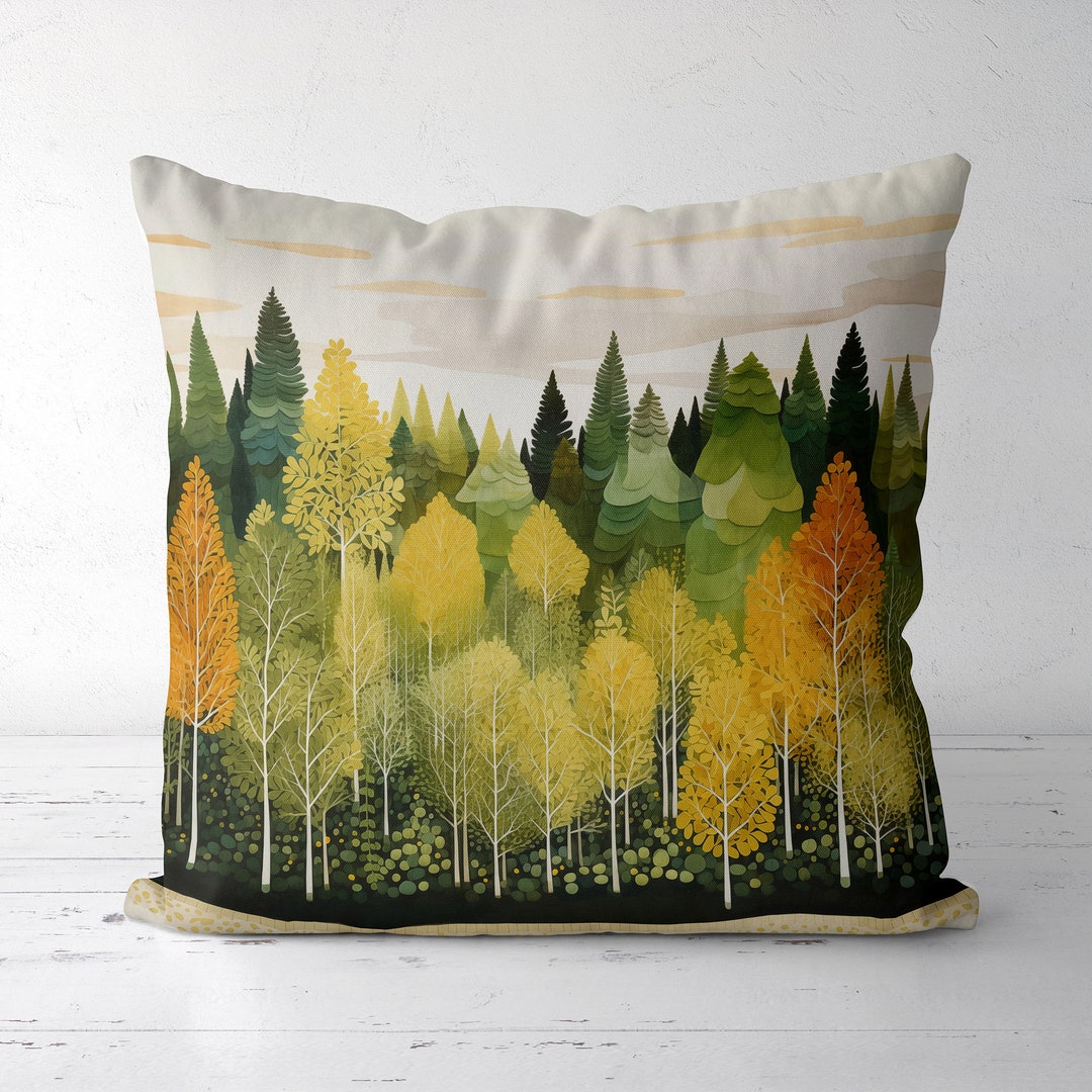 Nordic Forest Pillow Covers, Fall Cushion Cover, Gold and Green