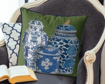 Chinoiserie Kissen: Ginger Jar Trio, Blaues & weißes Kissen