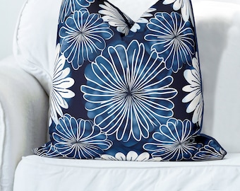 Handmade Shibori Style Pillow Cover, Coastal Blue Floral Cushion