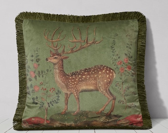 Medieval Folk Style Deer Luxury Fringed Velvet Pillow Cover, handmade, Stag print both sides, High End Designer throw pillow, Olive Green
