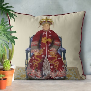 Chinoiserie pillow covers - Oriental Ancestor Portrait - Empress 2 in Red