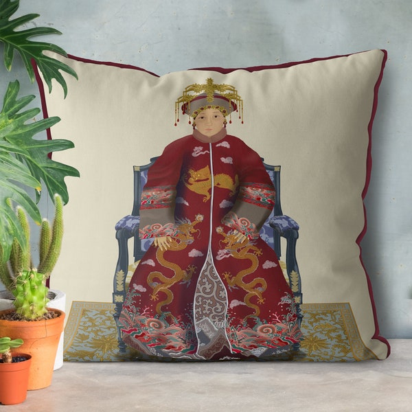 Chinoiserie pillow covers - Oriental Ancestor Portrait - Empress 2 in Red
