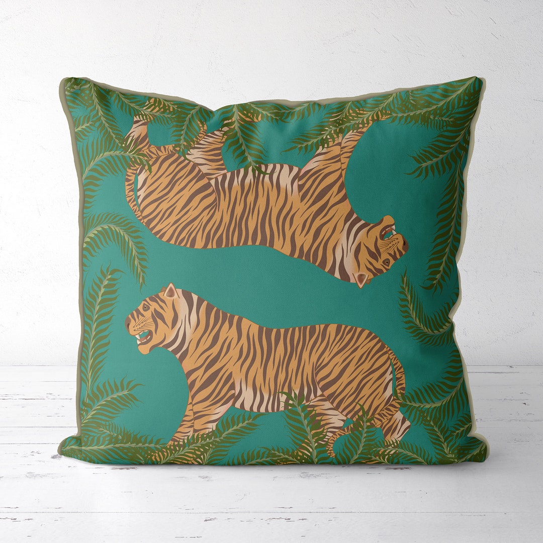 Tiger Throw Pillows Tiger Pillow Cover Jade Green Tropical Etsy