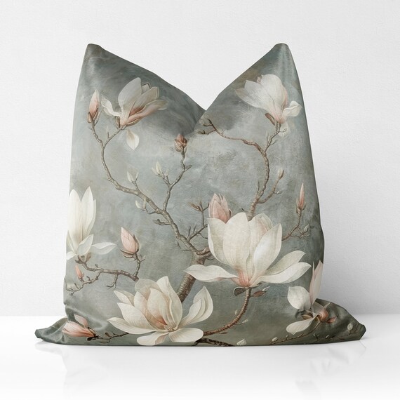 Federa Cuscino Decorativa Magnolia E Fiori - Cotone Lino, 45x50 Cm, Per Divano/Letto - copertina