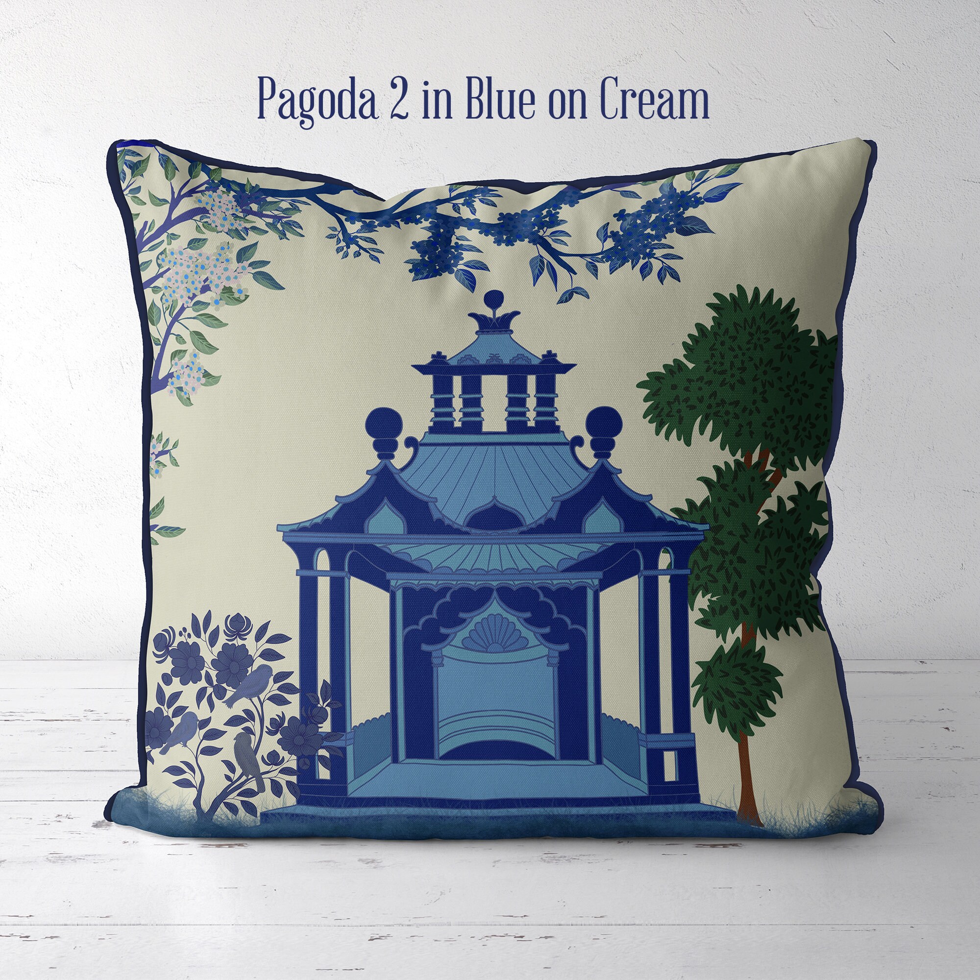 Farmhouse Linen Pillow Covers 16x16 Inch - Chinoiserie Pagoda Asian Design, Charcoal Coral, Invisible Zipper, Double Sided - View #4
