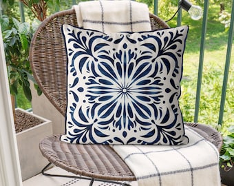 Handmade Hamptons Style Pillow Cover, Blue and White Coastal Cushion