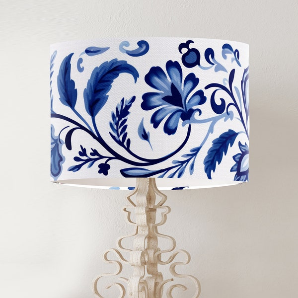 Blue and White Floral Lamp shade, Modern Hamptons Style Handmade Printed fabric drum lampshade for table lamp or pendant fitting MARGARET