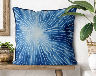 Handmade Hamptons Style Pillow Cover, Shibori Blue Coastal Cushion