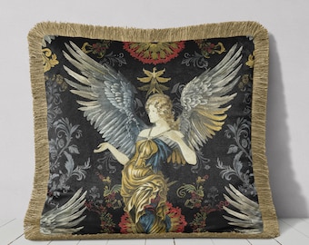 Luxury Fringed Velvet Angel Pillow Cover, print on both sides, golden beige fringe, handmade angelic cushion cover, guardian angel gift