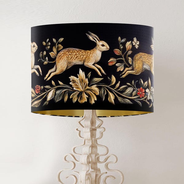 Paralume in stile medievale a forma di lepre fatto a mano, paralume in tessuto stampato nero e oro fatto a mano, fodera in oro, lampada da soffitto o da tavolo