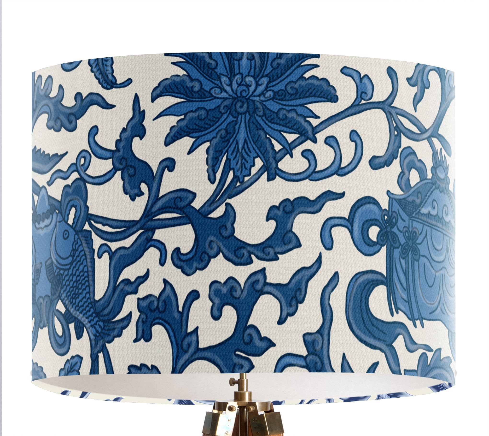 Chinoiserie Lampshade, Asian Decor, Chinese Decor, Blue and Cream Lotus ...