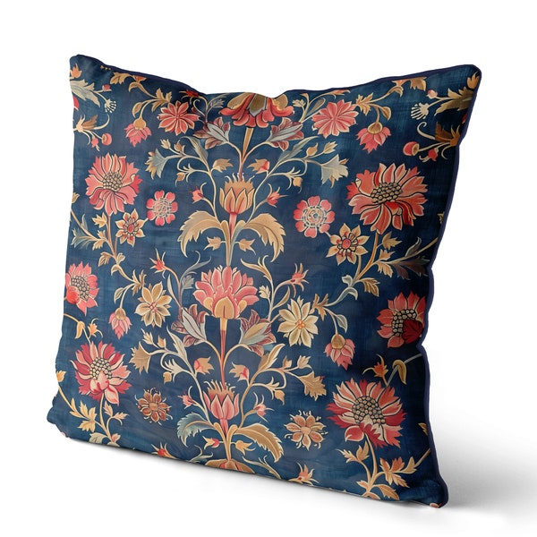 Navy Blue and Red Art Nouveau Floral Print Pillow Cover, print both sides, piped cushion, beige highlights