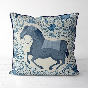 Chinoiserie pillow covers, oriental horse cushion, blue and white pillows, oriental decor chinoiserie cushion asian pillow cover toss pillow
