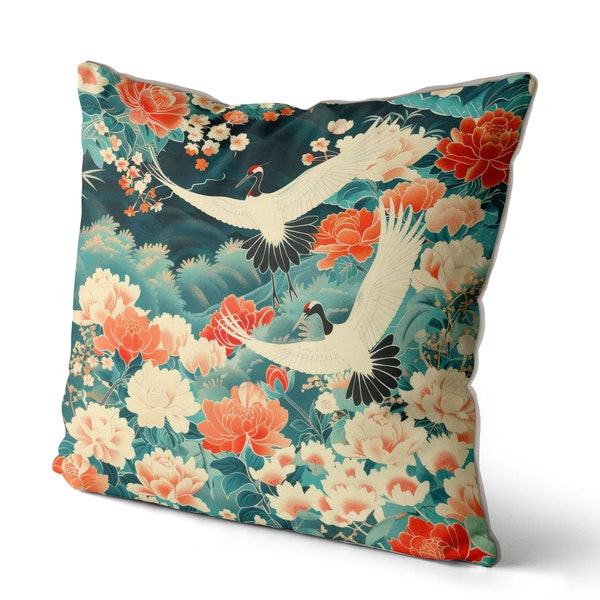 Colourful Crane Birds Floral Pillow Cover, Handmade Decorative Designer Throw Cushion Cover, Print both sides, Oriental Japanese style decor