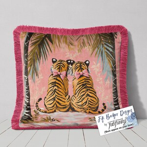 Tiger Twins Velvet Pillow Cover, Pink Fringed Cushion, Handmade UK
