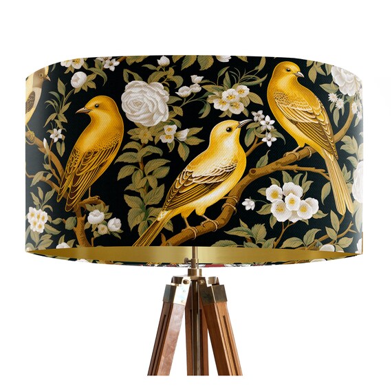William Morris Style Black and Gold Bird Lampshade With White Rose