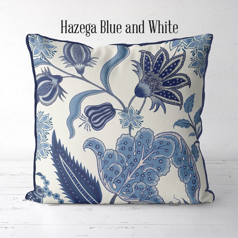 Blue and White Designer Pillow Cover Jacobean Floral Style Etsy UK