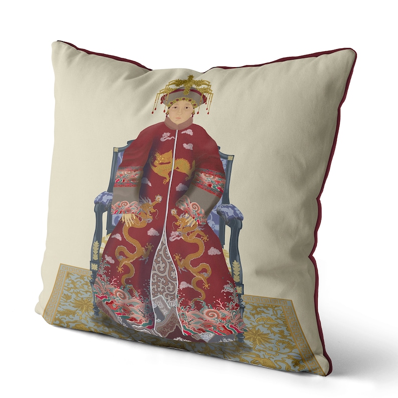 Chinoiserie pillow covers Chinese Ancestor Portrait cushion cover Empress 2 in Red Chinoiserie decor image 7