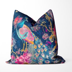 Modern Peacock Print Pillow Cover, Handmade Designer Throw Cushion Cover, Maximalist decor Print both sides, colourful vibrant peacock print