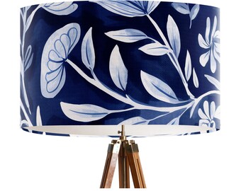 Modern Navy Blue and White Floral Lamp shade, Boho Style Handmade Printed  fabric drum lampshade for table lamp or pendant fitting