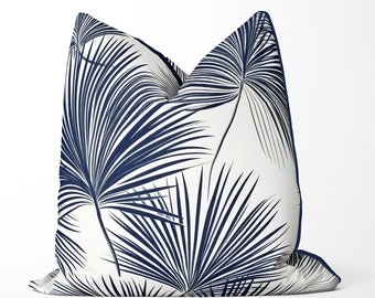 Palm Tree Pillow Cover, Dark Navy Blue & white tropical cushion cover, Designer pillow Beach house decor Coastal Pillow Hawaiian MONTECRISTO