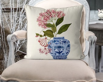 Chinoiserie pillow cover, oriental decor, chinoiserie cushion, asian pillow cover, chinoiserie vase, Cinchona Design, sofa pillow