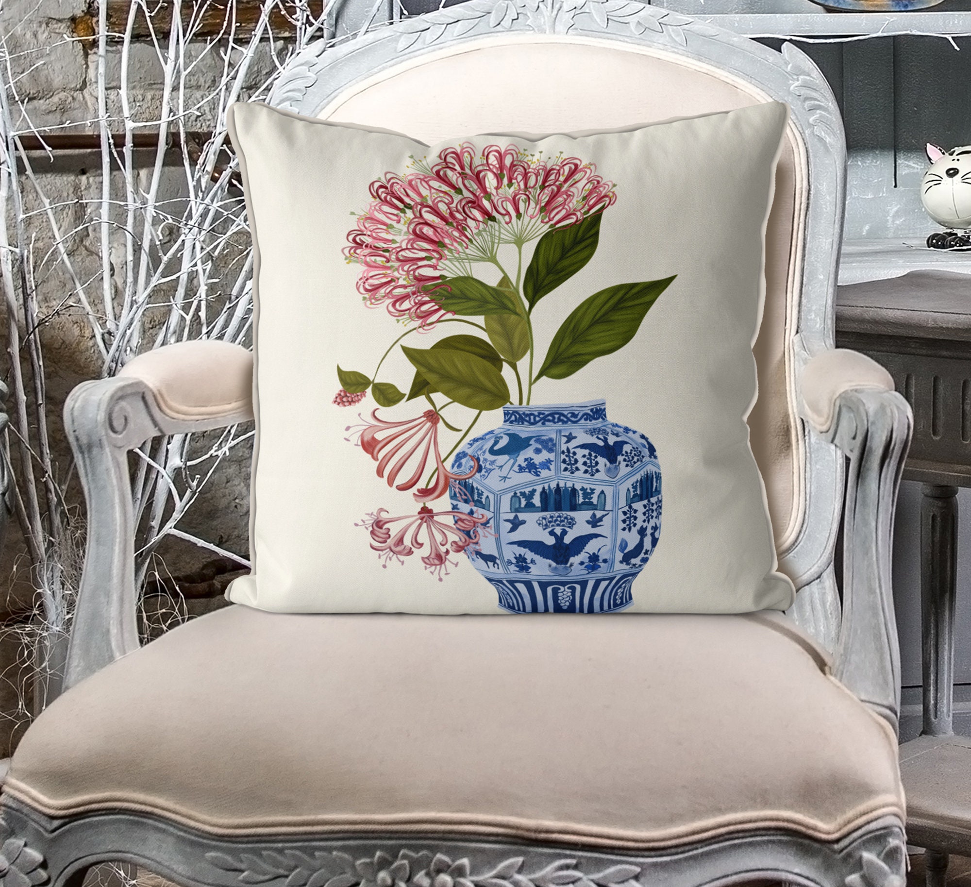 Chinoiserie Vase Pillow Cover, Pink Floral Oriental Decor - Etsy